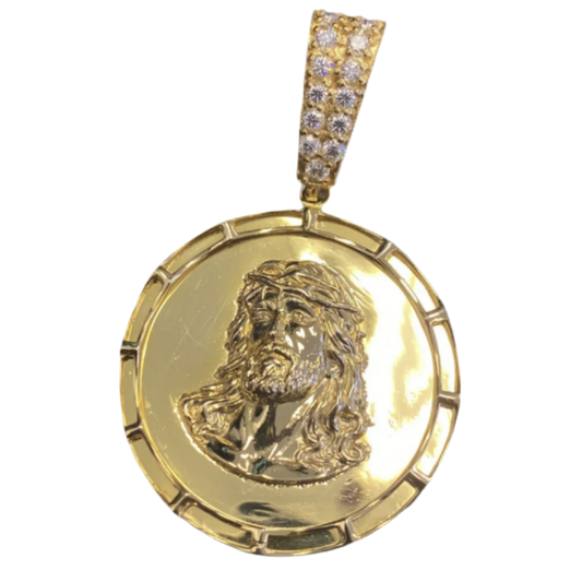 14K Gold Jesus Medallion Pendant with Natural Diamonds